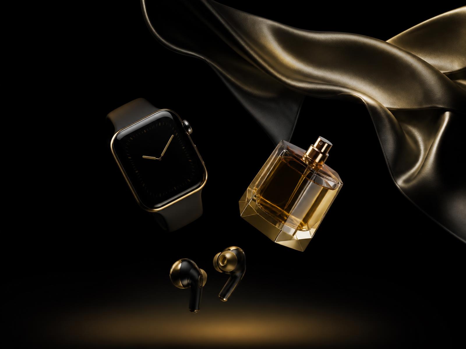 Luxury products including a gold smartwatch, perfume and earbuds
